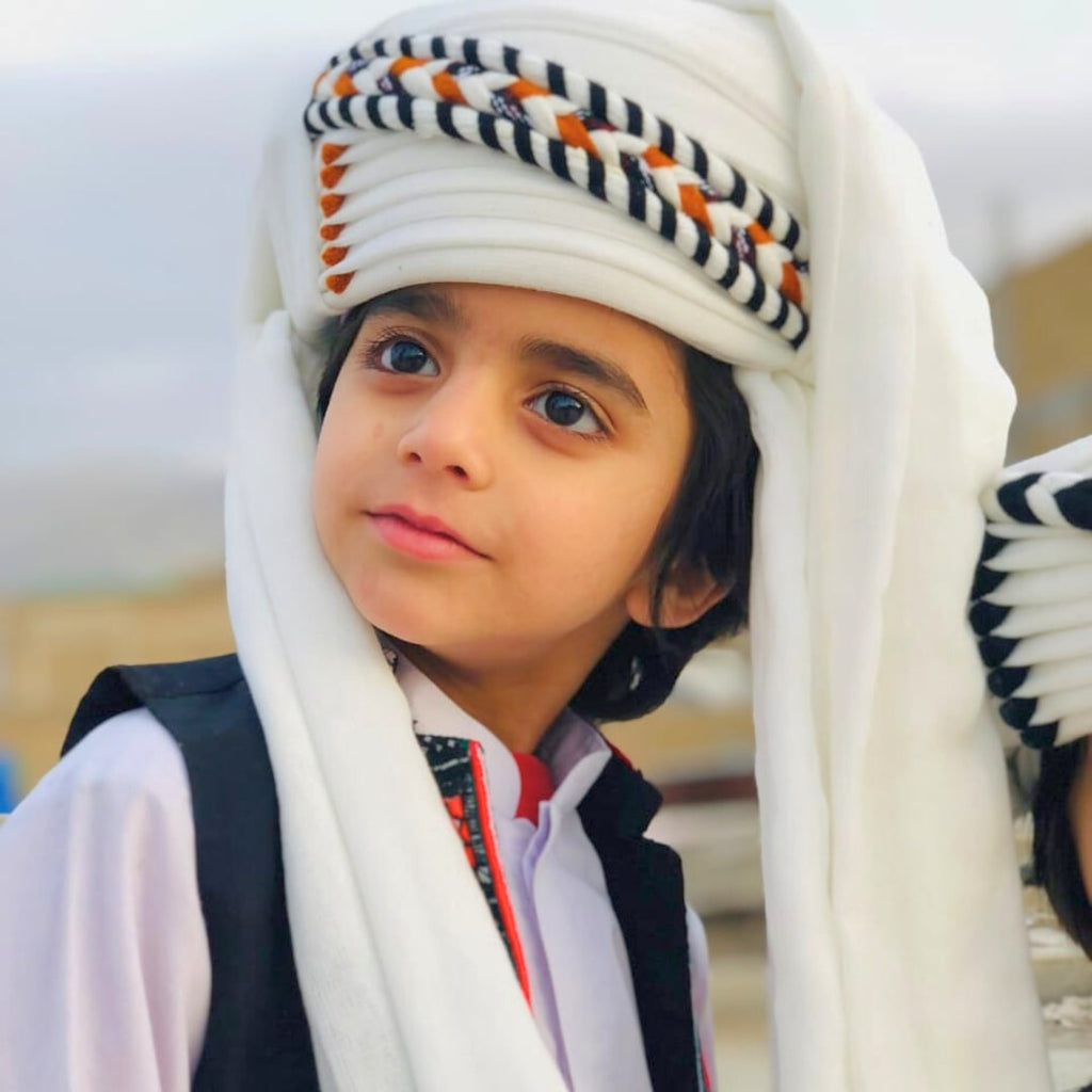 MiniRohi™ Balochi Traditional Turban for Kids (2–12 Years) – Cultural Style for Young Star brown black chebuk