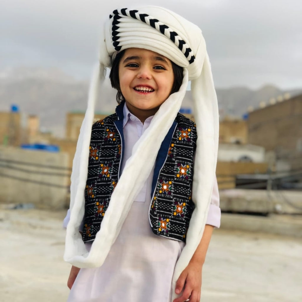 MiniRohi™ Balochi Traditional Turban for Kids (2–12 Years) – Cultural Style for Young Stars black chebuk