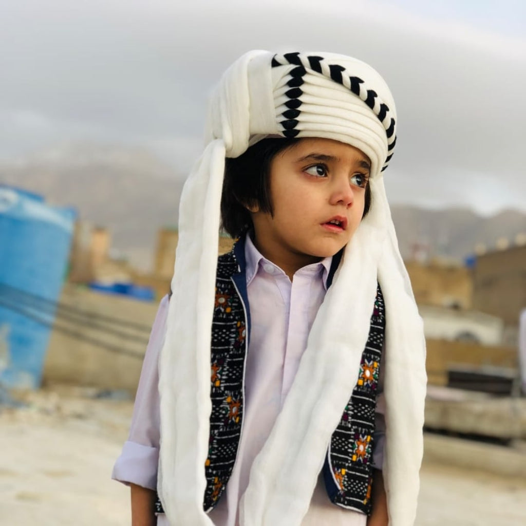 MiniRohi™ Balochi Traditional Turban for Kids (2–12 Years) – Cultural Style for Young Stars black chebuk